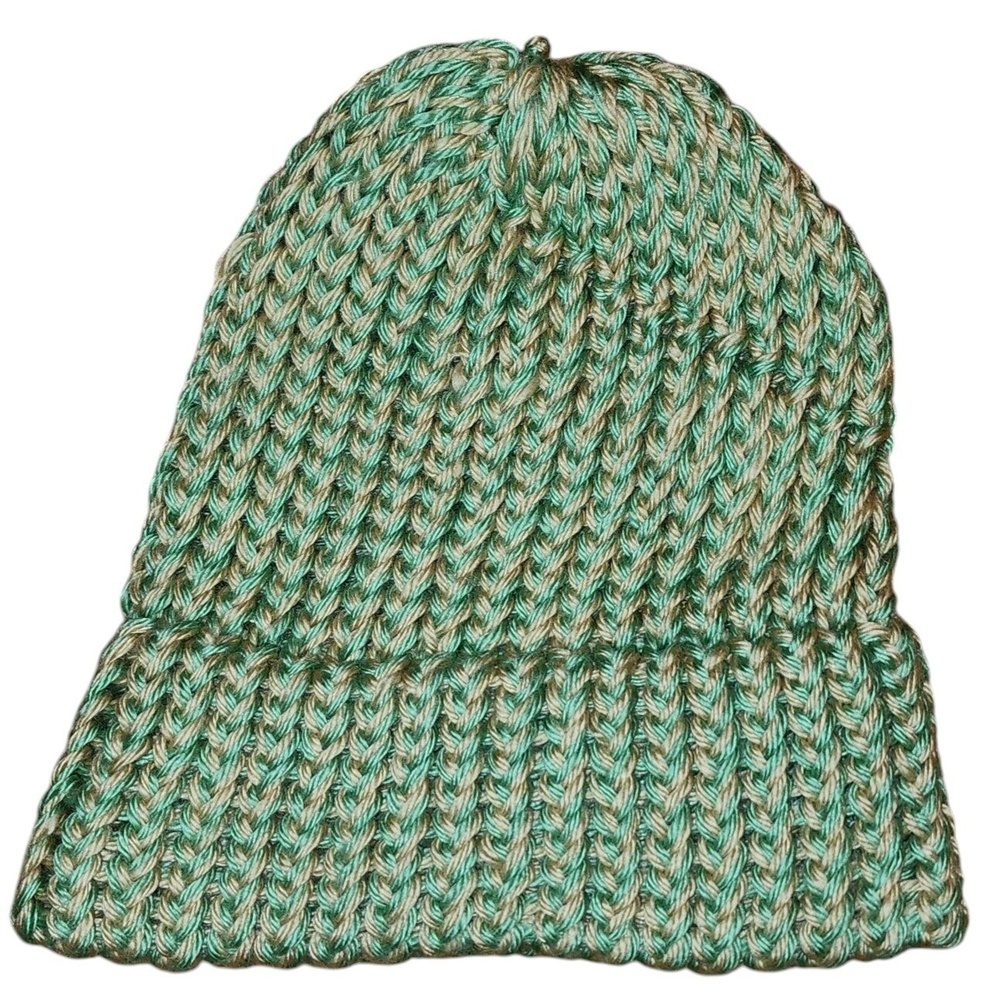 Knit Beanie Hat Green Tan Ribbed Winter Warm Casual Hat